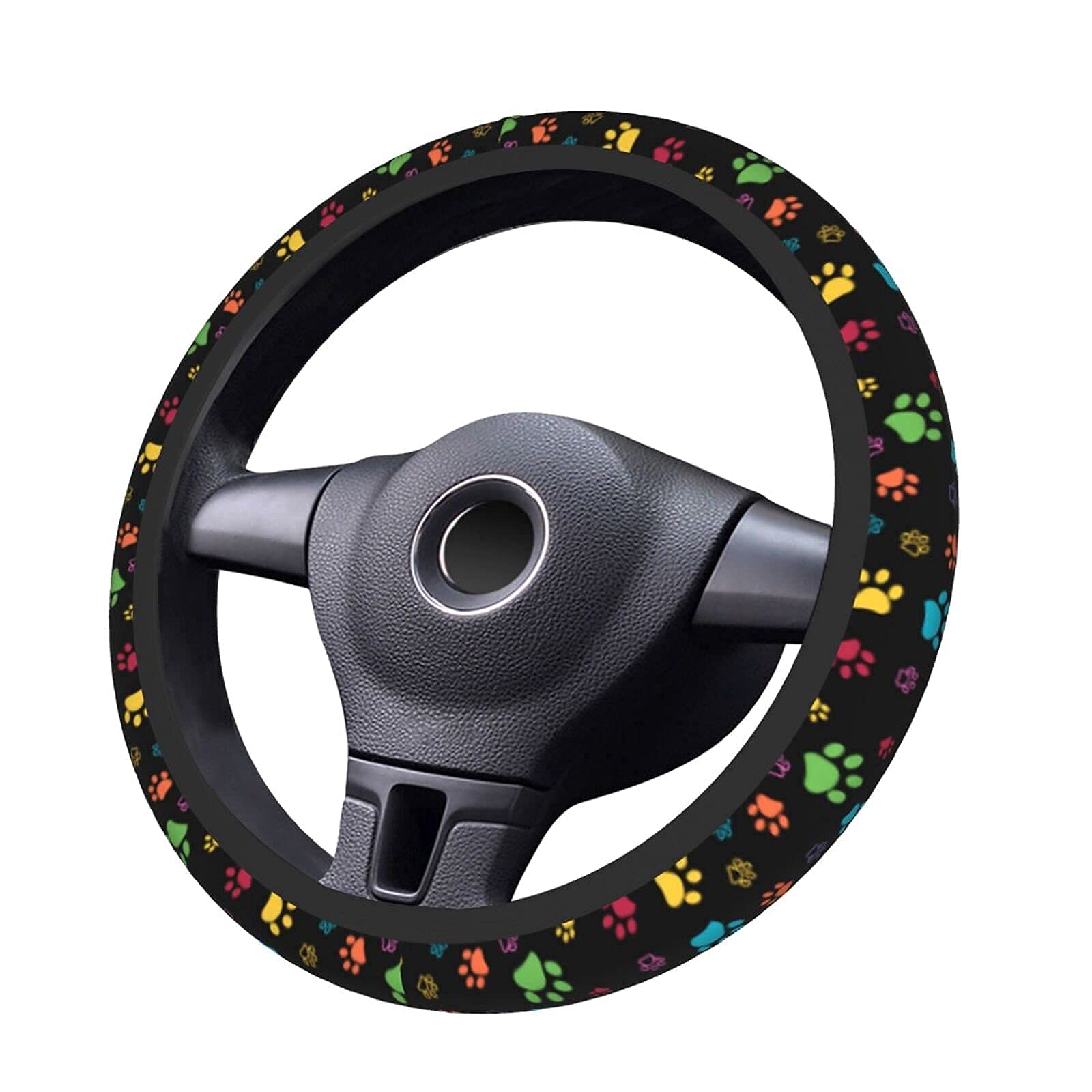 KUOAICY Dog Paw Print Steering Wheel Cover, 15" Non-Slip Neoprene Protector, Black15, One Size, Universal Fit for Men, Women, Teens
