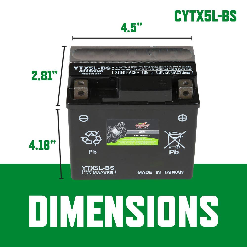 Interstate Batteries YTX5L-BS 12V 4Ah AGM Powersports Battery for Kawasaki, Polaris, KTM Motorcycles, ATVs, Scooters - Model CYTX5L-BS