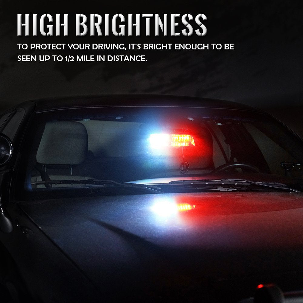 Xprite LED Emergency Dash Strobe Light Bar, White Red, 12V for Police & EMS, Model YL125-WR, Interior Windshield Safety Lights