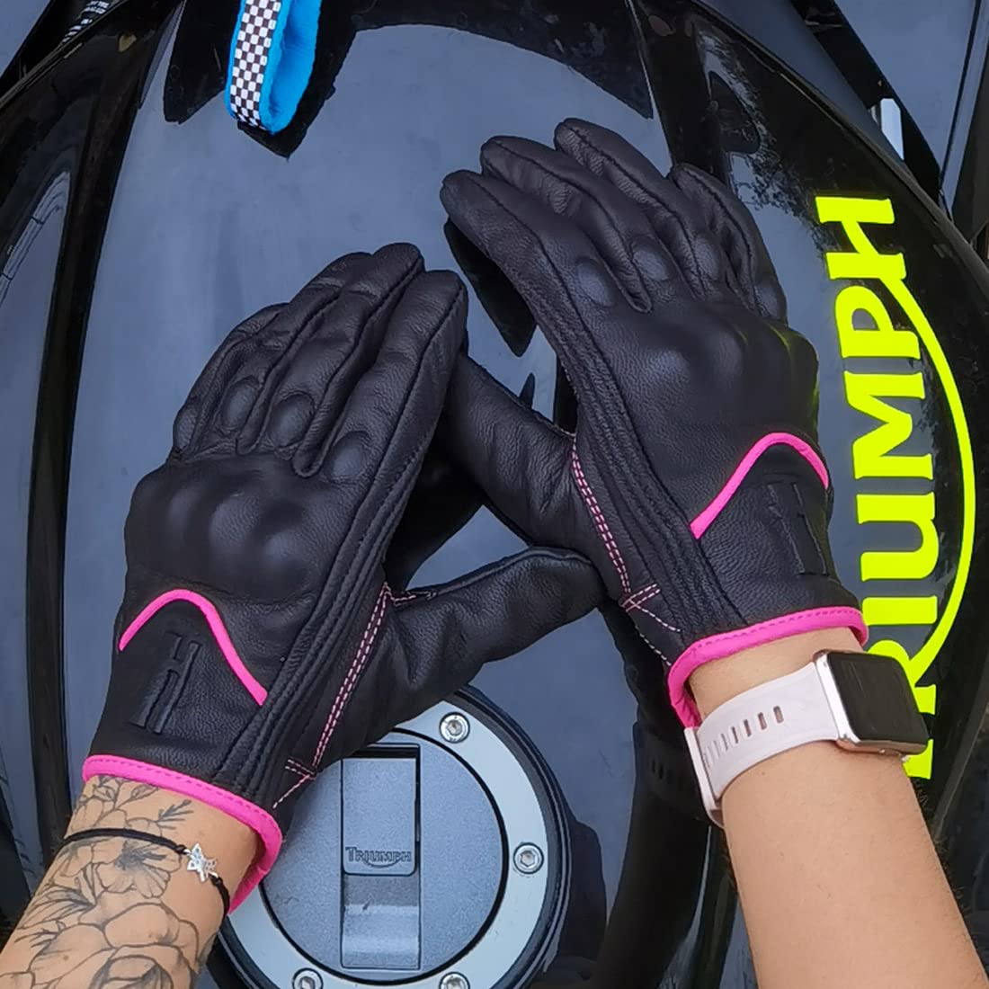 Harssidanzar Leather Motorcycle Gloves,Motorbike Gloves,Road Racing,Cycling,Climbing,Powersports Gloves Touchscreen Gl016,Pink/B