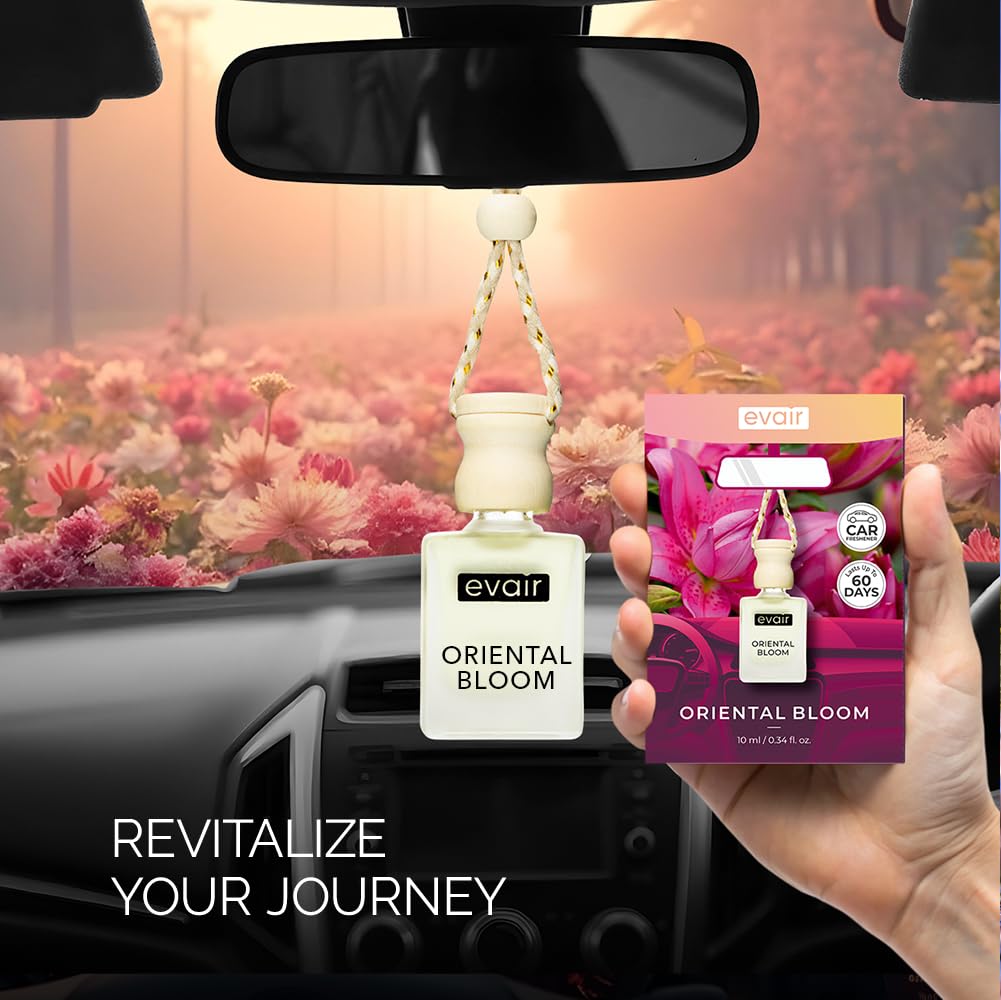 Evair Car Air Freshener - Essential Oils Fragrance, 10 ml Glass Bottle with Wooden Diffuser Lid, Oriental Bloom, Model AF-1