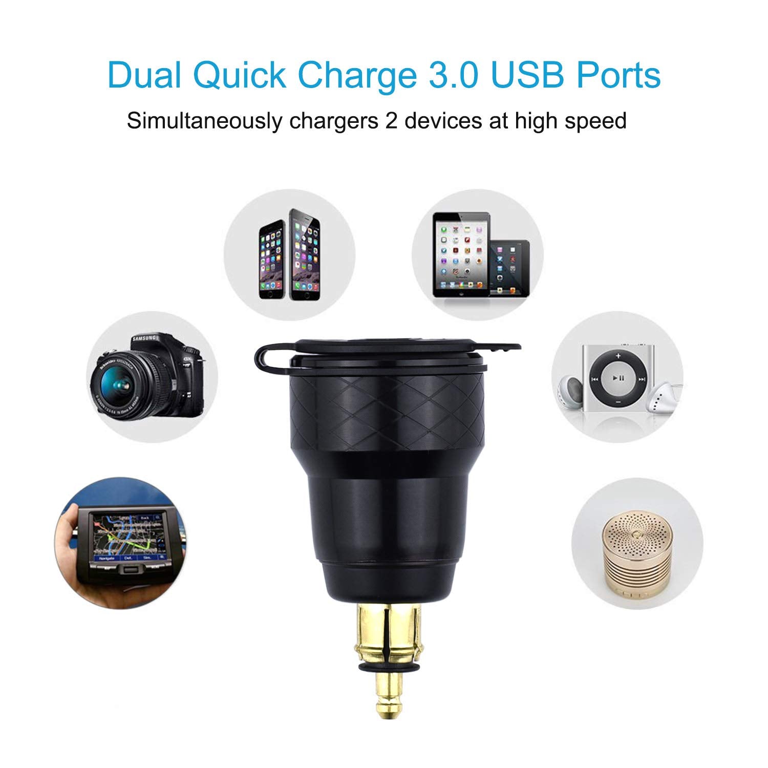 Cllena Din Hella Plug To Dual Quick Charge 3.0 Usb Charger Adapter With Led Voltmeter For Bmw Motorcycle (Blue)