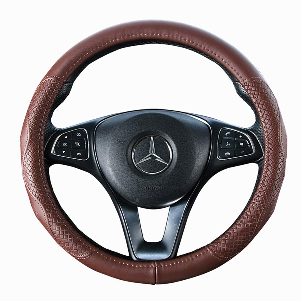 Red Rain Brown Leather Steering Wheel Cover Universal Size M 15inch for Car/SUV - A-Brown-M