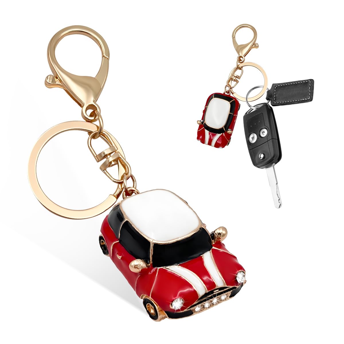 povtii Car Key Chain, Rhinestone Detail 3D Cute Car Model Keychain, Mini Cooper Metal Key Chain with Ring, Car Accessories (Red)