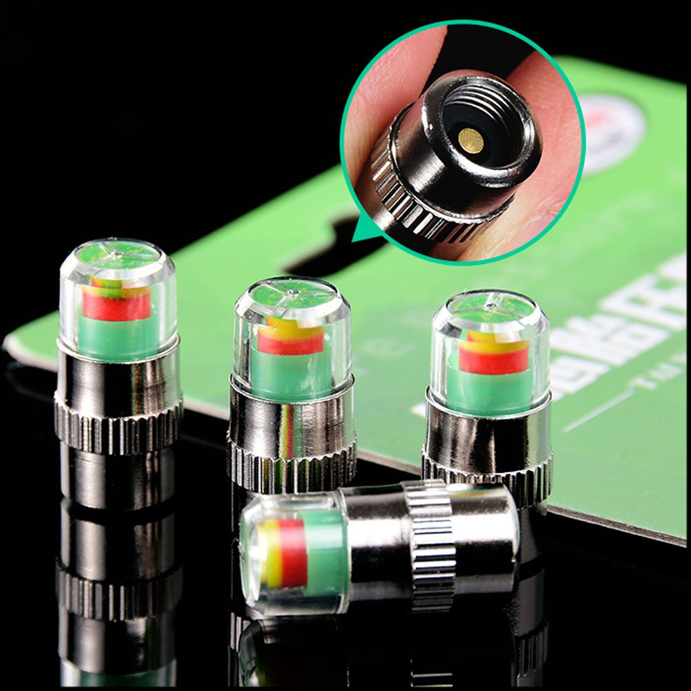 Anki HappiGo Tire Pressure Monitor Valve Stem Caps - 4 Pcs, 32-35 PSI, Silver, Easy to Read 3 Color Eye Alert
