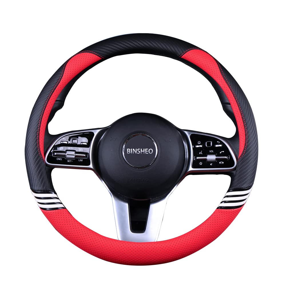Binsheo Cute Steering Wheel Cover for Women Men Leather Universal 15 inch,Black and Red -Like New