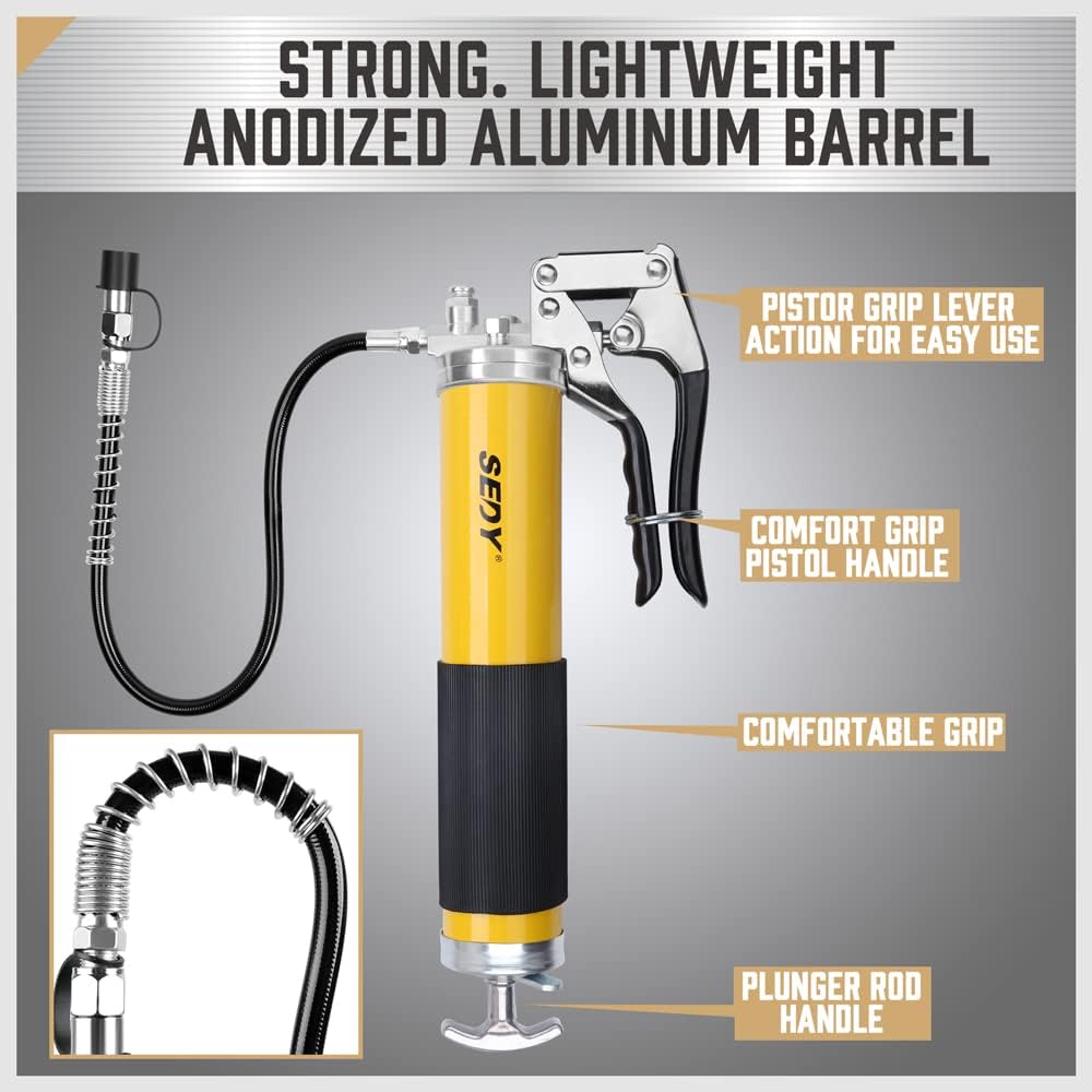 Heavy Duty Grease Gun Kit - 14Oz Free Grease Tube 8000 Psi Pistol High Pressure Flexible Hose Bearing Grease Pump Marine Durable