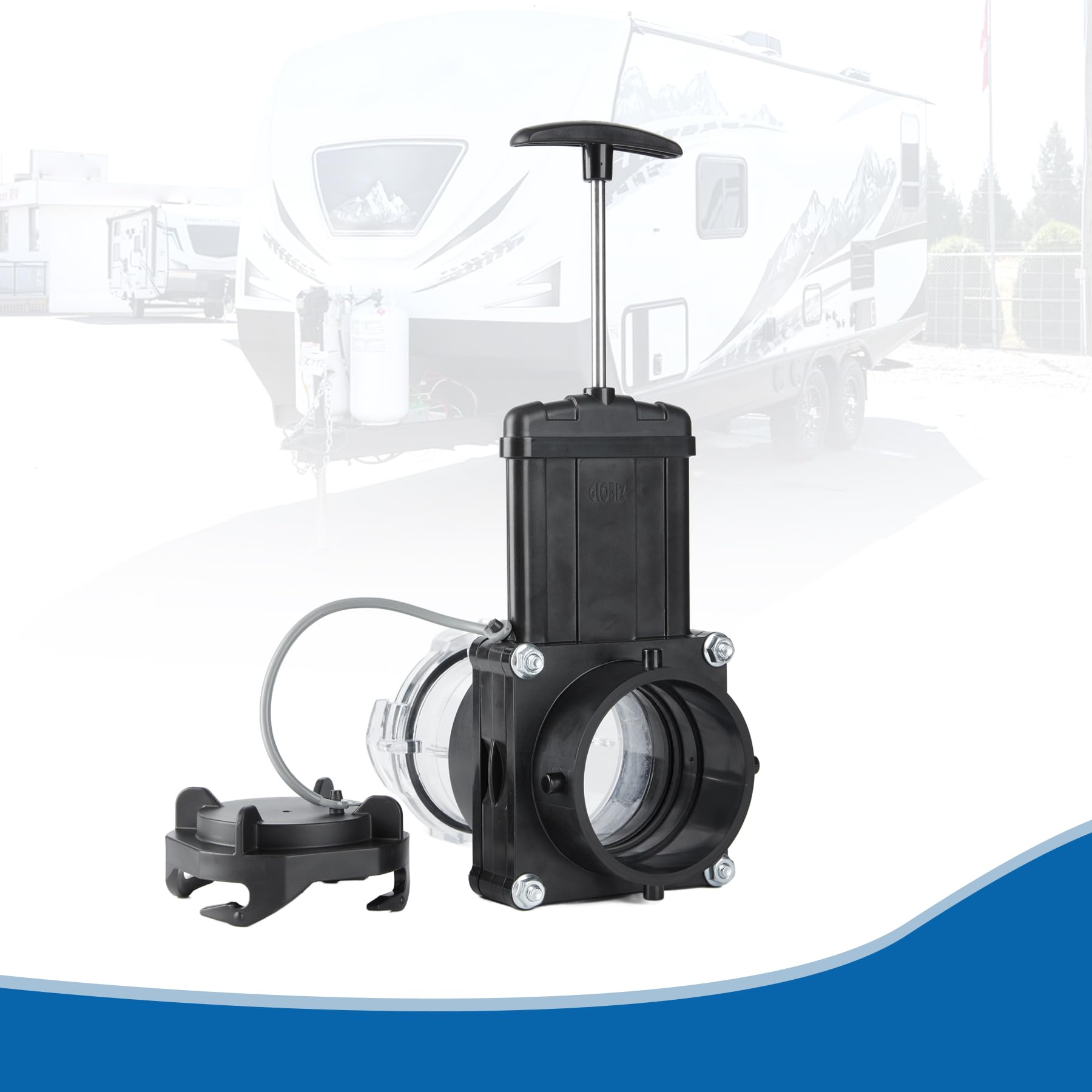 GLOBIZ RV Twist-On Waste Valve with Clear Adapter, Medium Size, UV-Resistant, Black & Clear, Model TOV, Compatible with Most Brands