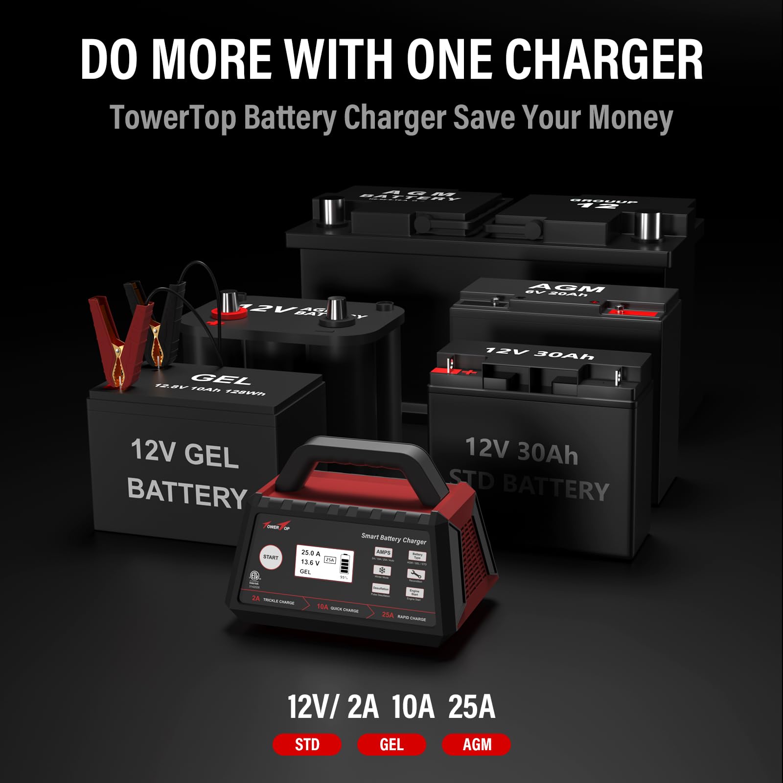 TowerTop 12V Smart Car Battery Charger, 25A Fully Automatic Maintainer with Engine Start & Auto Desulfator for AGM, STD, Gel, Deep Cycle Batteries