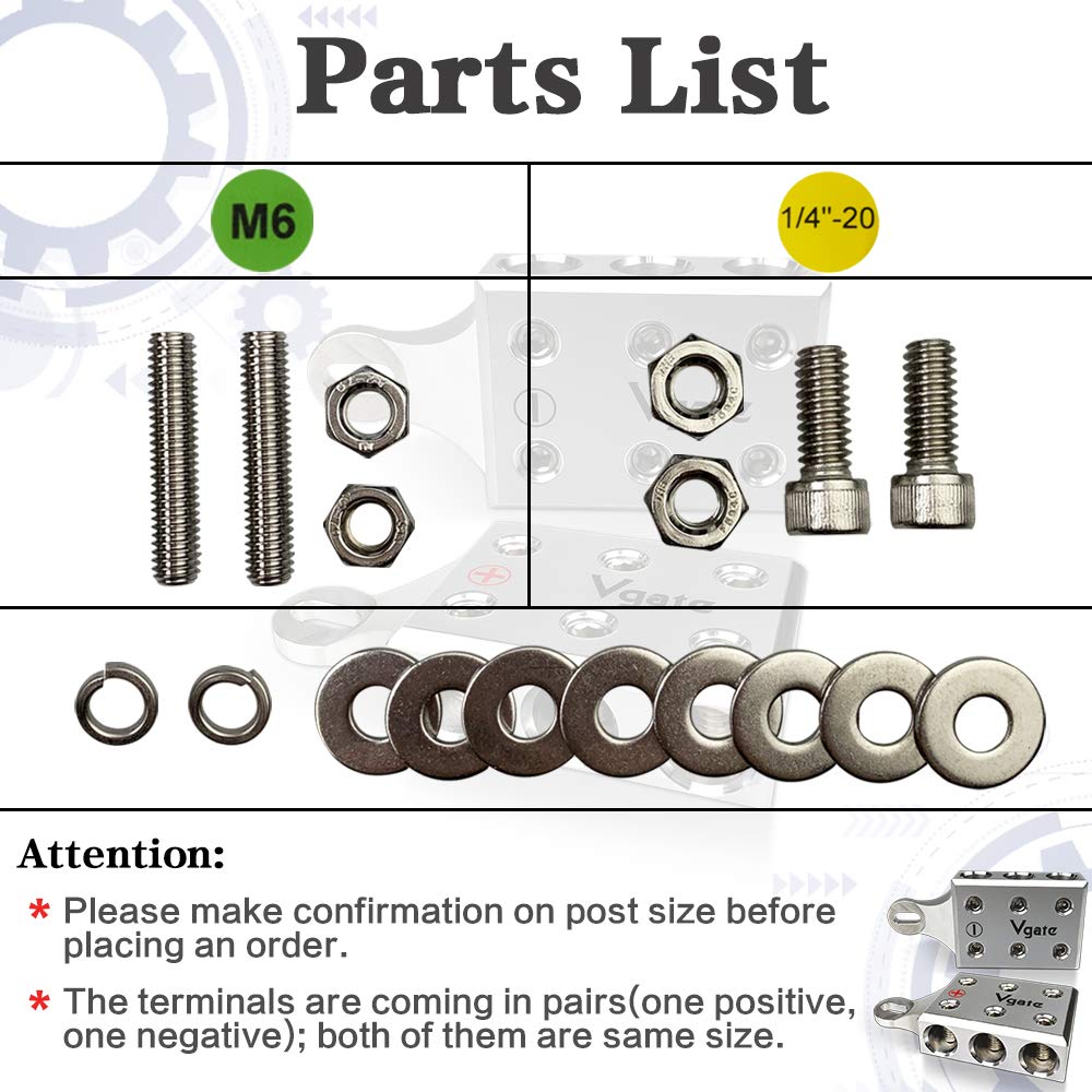 Vgate 6X2/0 Awg Gauge Post Battery Terminals, For Lithium Or Agm Lead Acid Battery With Bolt Down Ends Or Threaded Studs, M6 Or