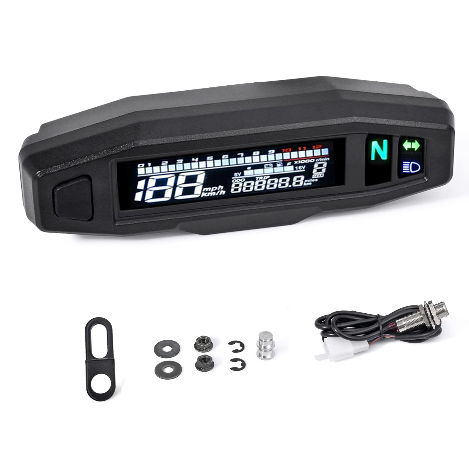 WHALETAIL Universal Motorcycle Speedometer 6 Gear 12000 RPM Km/h MPH Mini LCD VA Screen Digital Motorcycle Speedometer, Odometer