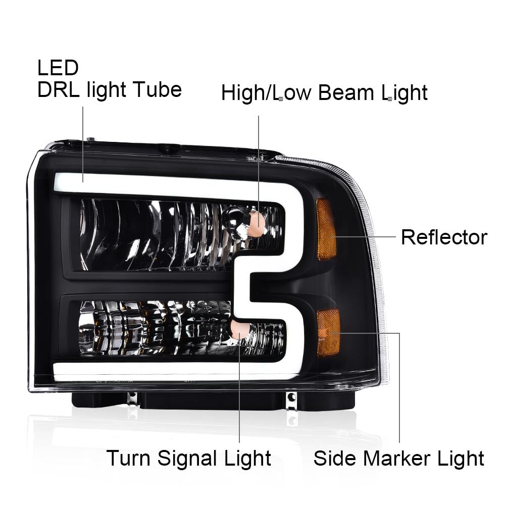 CHEDA LED DRL Headlights Assembly for 2005-2007 Ford F250 F350 F450 F550, Clear Lens Black Housing Amber Reflector, Model 02HLA1220BB