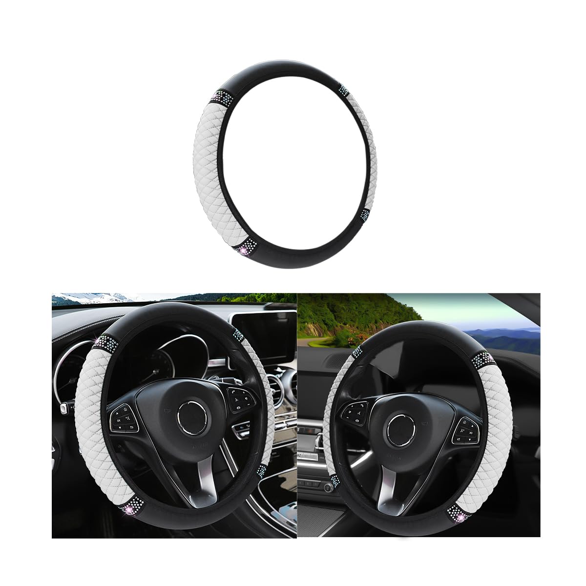 Leather Car Steering Wheel Cover, 15 Inch Colorful Rhinestones Elastic Auto Steering Wheel Protector, Bling Steering Wheel Cover