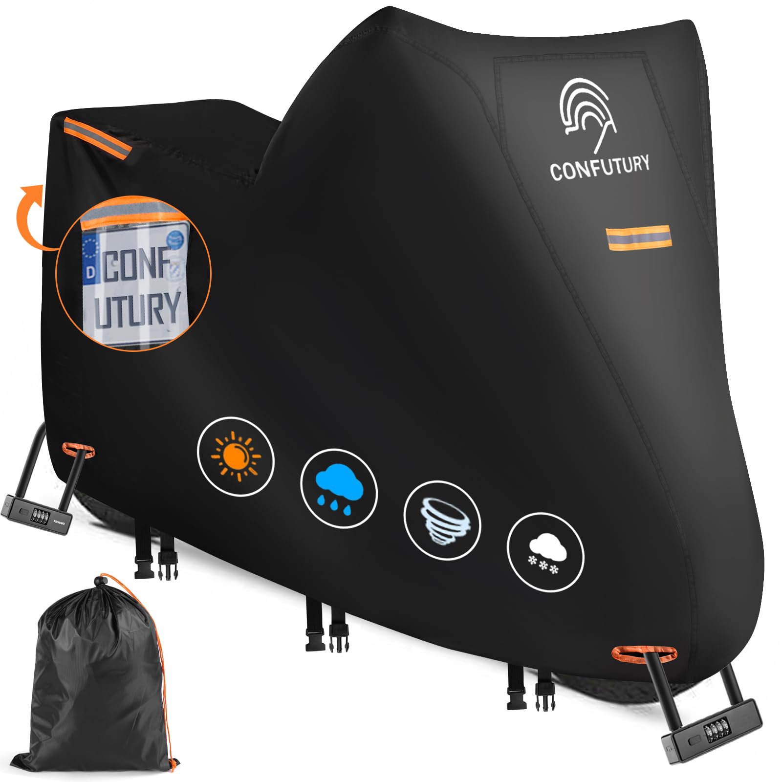 Motorcycle Covers Waterproof Outdoor Storage,600D Nano Oxford Fabric with License Plate Window,4 Reflective Strips,2 Locking Hol