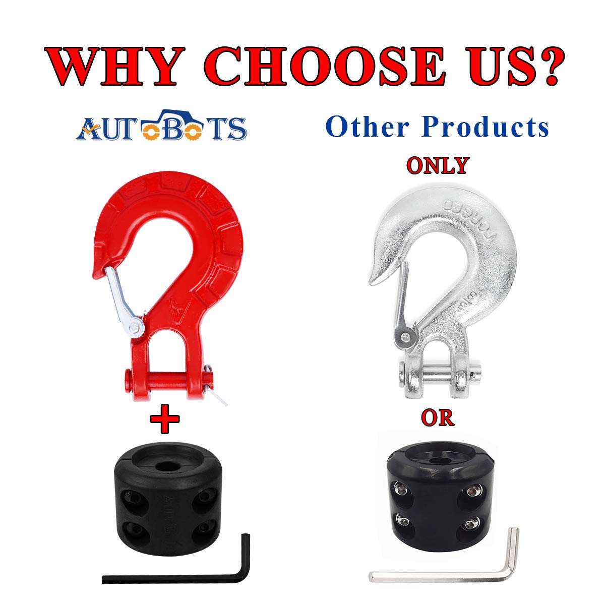 Autobots Upgrade Heavy Duty Winch Hook Forged Steel 3/8' Grade 70 Safety Latch Winch Cable Hook Stopper & Clevis Slip Winch Hook Sets, Max 35,000 Lbs,Red
