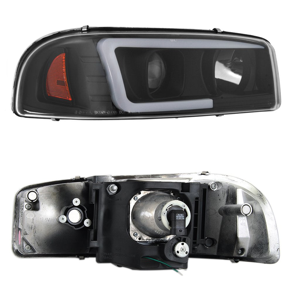 AKKON Black LED Tube Projector Headlights for 99-06 GMC Sierra 1500/2500HD/3500 C3 Yukon XL - Driver & Passenger Side Pair