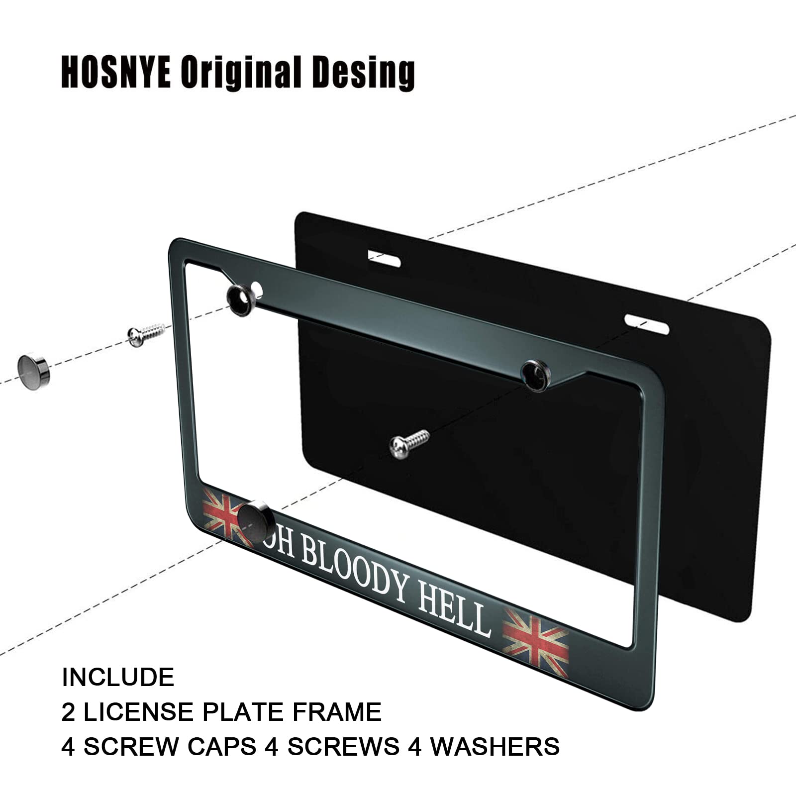 HOSNYE Oh Bloody Hell License Plate Frame Black 2 Pcs Old British England Flag Metal Cute Licenses Plates Frames Licenses Plate