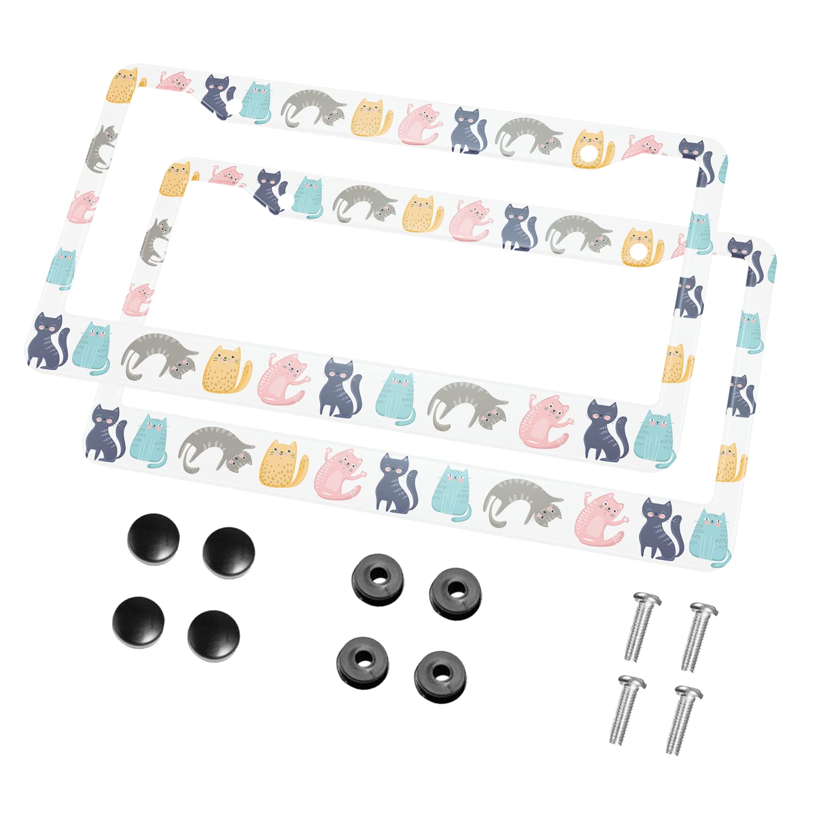 HOSNYE Cute Colorful Cartoon Cats License Plate Frame Casual Sport Cat Metal 2 Pcs 2 Holes Black Licenses Plates Frames Front Li