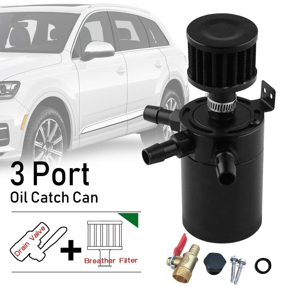 WENJTP 150ml Car Oil Catch Can Kit - Compact 3-Port Oil Separator, Black Aluminum with Breather Filter & Drain Valve, Model M2/OCC002-3-BK
