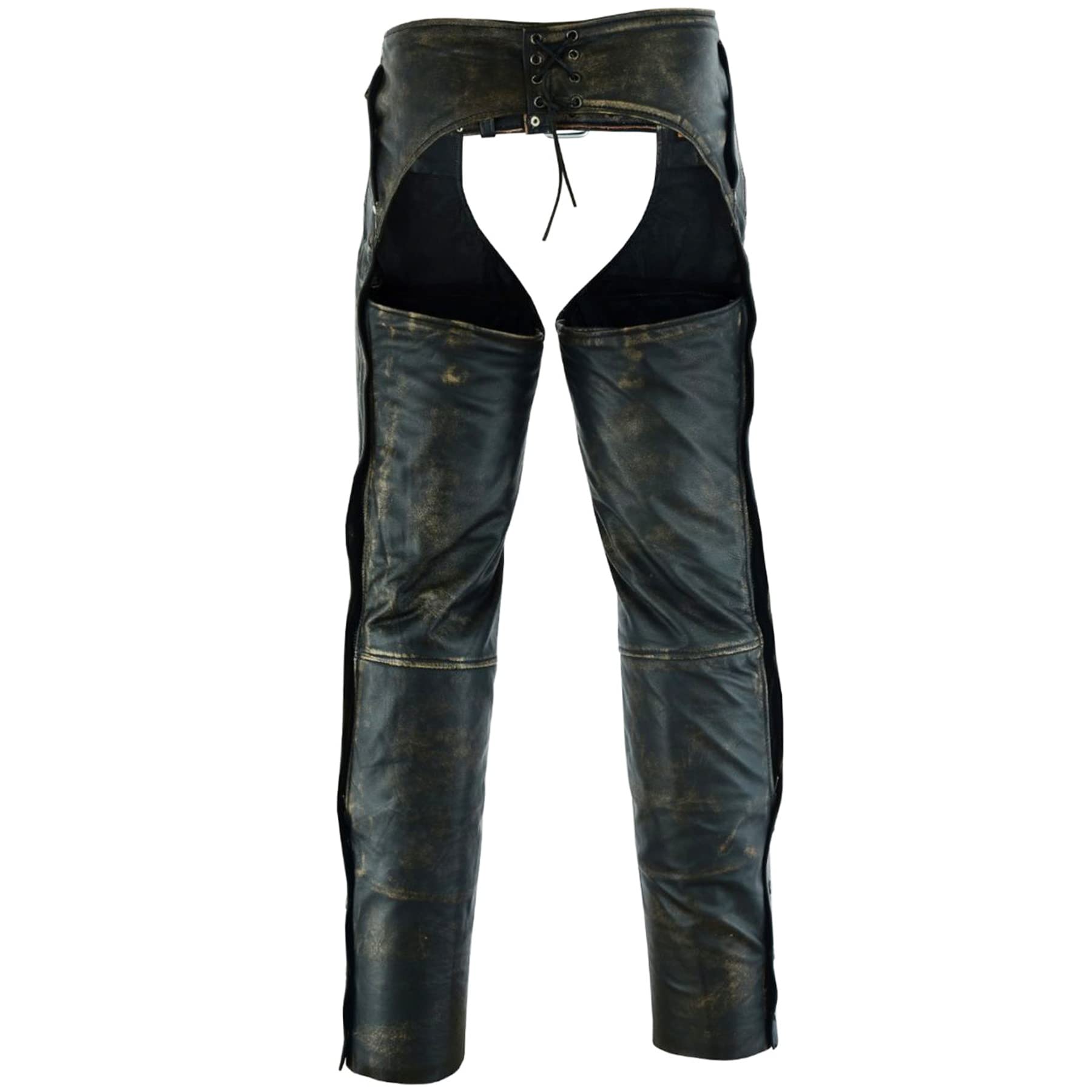 Dream Apparel Mens Motorcycle Riding Chaps, Large, Brown, Distressed Naked Cowhide Leather, Model DA-C4334-12N-L, 4 Pockets