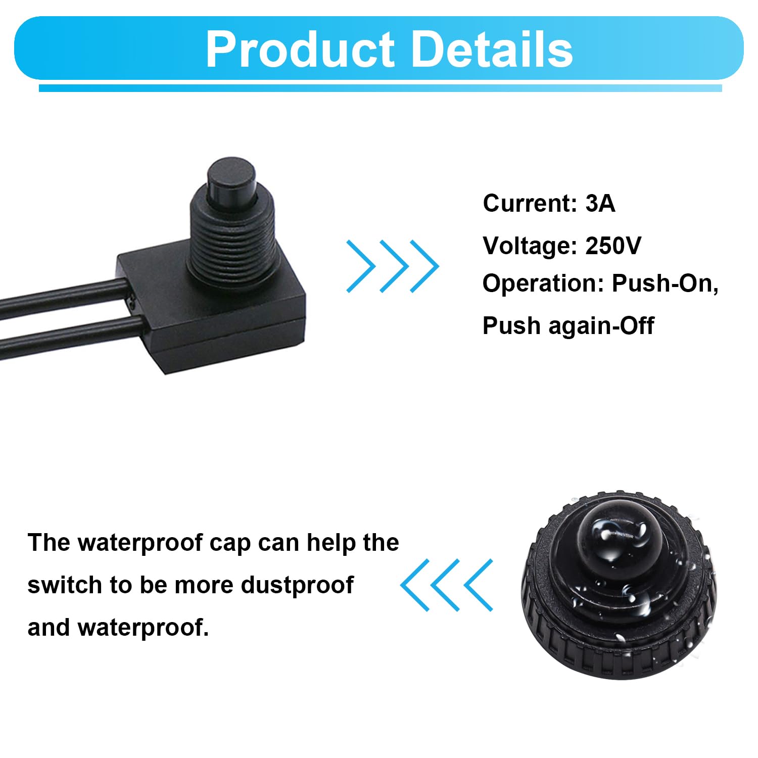 TWTADE 2PCS Waterproof RV Push Button Switch 12V ON/Off SPST Switch for Motorcycle/Auto Car Bathroom Fan with 4''Lines KP-107