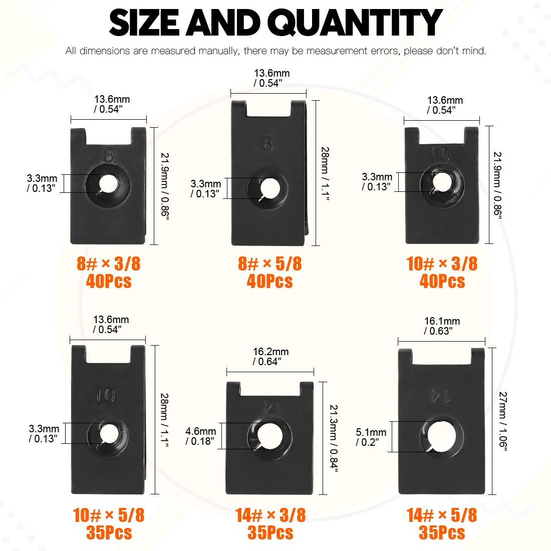Rustark 225 Pcs SAE U-nut Clip Assortment, Carbon Steel Fasteners, Black, Model R-UN for Auto Interior Dash & Door Panel
