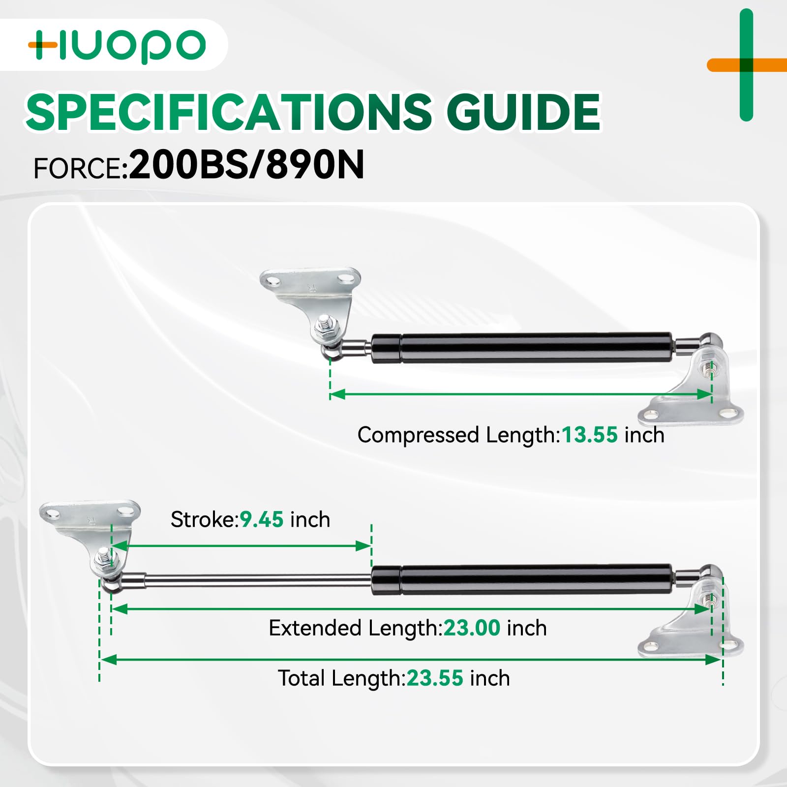 HUOPO 23" Gas Struts, 200lb Lift Support for RV, Boat, Cabinet, Alloy Steel, Black, Model 746827178330, 2 Packs