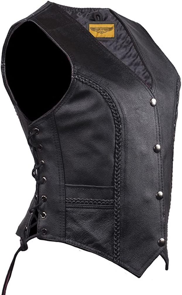 Womens Black Leather Motorcycle Vest With Braid On Front And Back Side Laces (As1, Alpha, M, Regular, Regular)