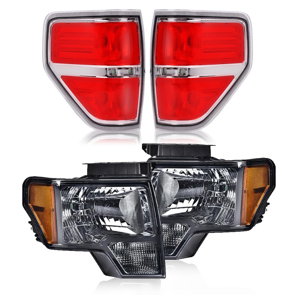GRAND ORANGE Headlights + Rear Clear Tail Lights Assembly Compatible with Ford F150 2009-2014 4PCS Smoky Lens Chrome Housing Amb