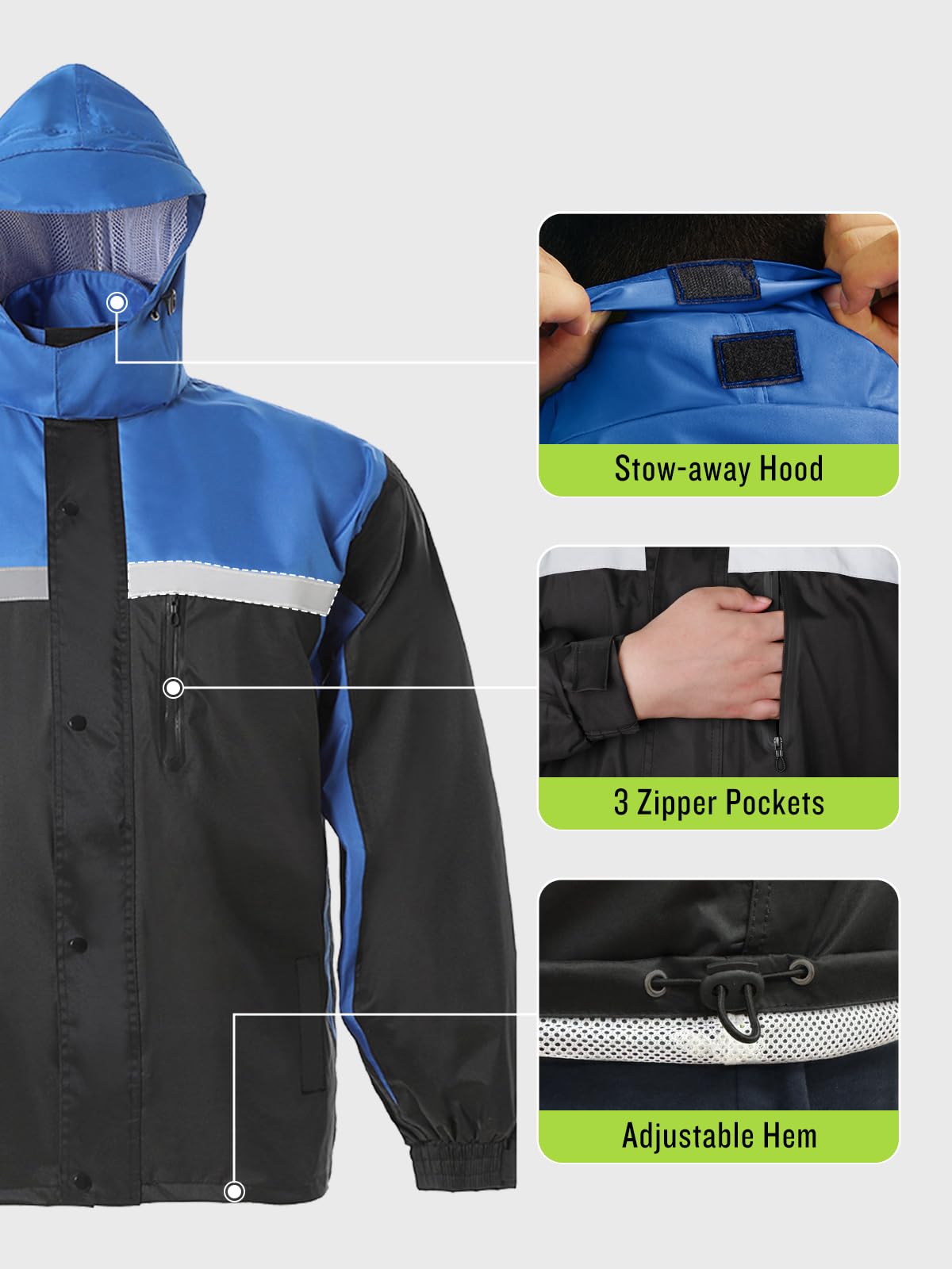 Men&Women Rain Suit High Visibility Reflective Work Rain Jacket Pants For All Sport Farm Fishing Motorcycle, Hi-Vis Black/Royal-