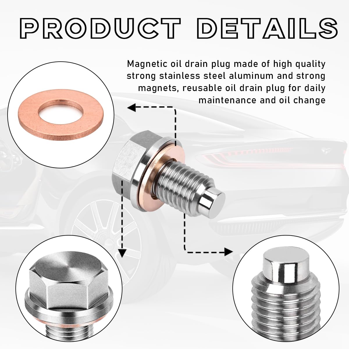 Dickno M12  1.5 Magnetic Oil Drain Plug, Aluminum Stainless Steel Sump Drain Nut Bolt with 5 Copper Crush Washer, Universal Leak