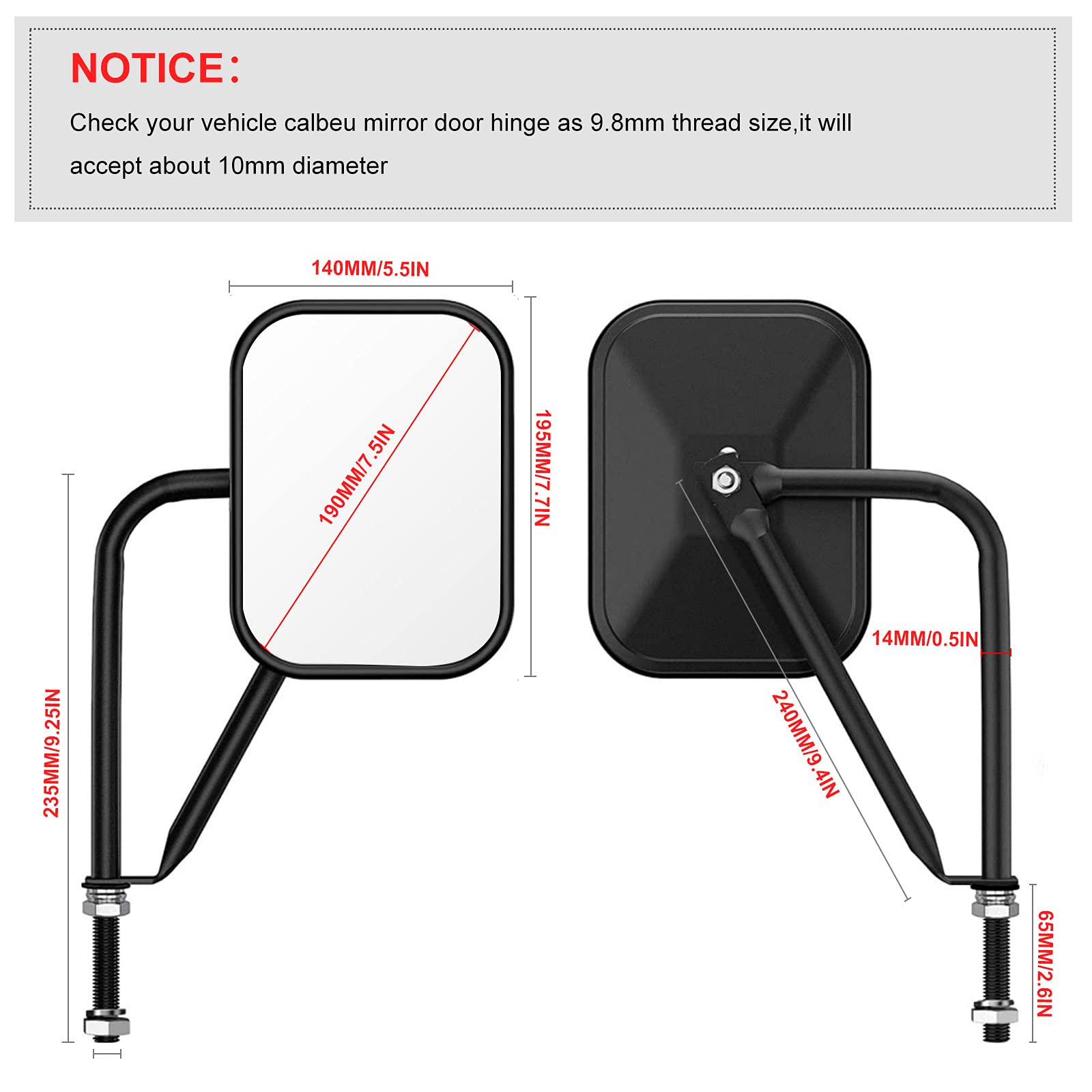 Door Off Mirror Compatible With Jeep Wrangler Jk Jl & Unlimited, Wider View Easy-Install Door Hinge Side Mirrors For Jeep