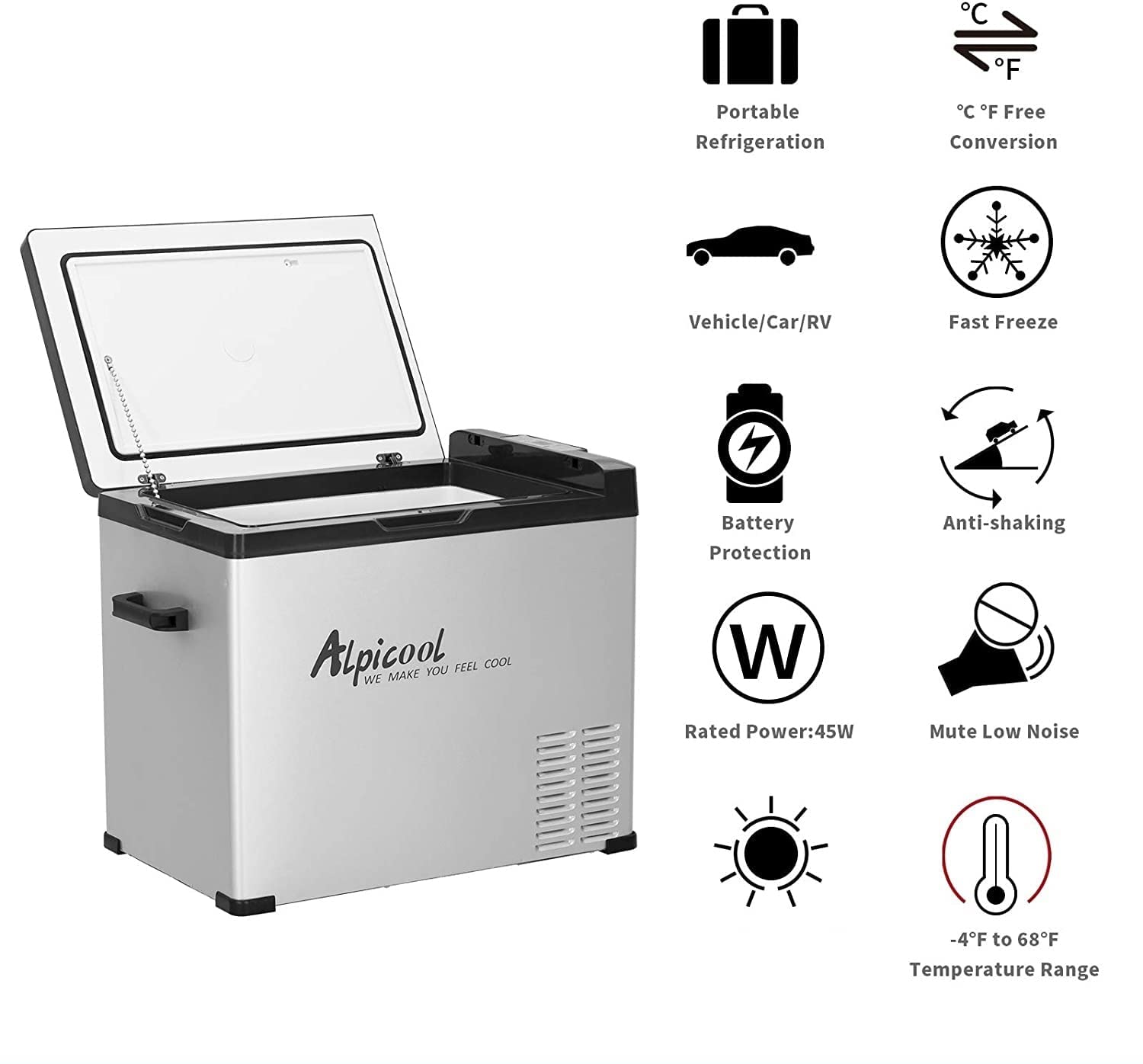 Alpicool C50 Portable Refrigerator 53 Quart(50 Liter) 12 Volt Car Freezer For Vehicle, Truck, Rv, Boat, Mini Fridge Freezer For Travel, Outdoor, Home -12/24V Dc And 110-240V Ac (Black And Silver)