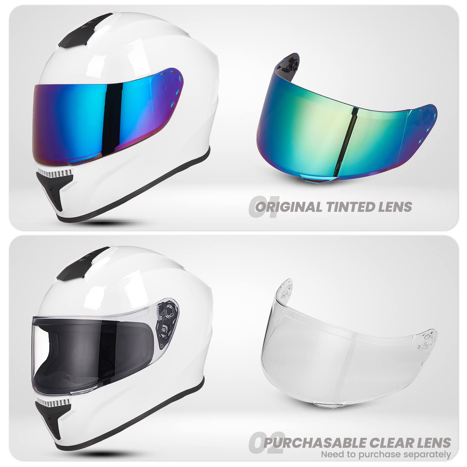 Auboa Full Face Motorcycle Helmet MD-813, DOT Approved, Small, White, ABS Material, Tinted Visor for Men and Women