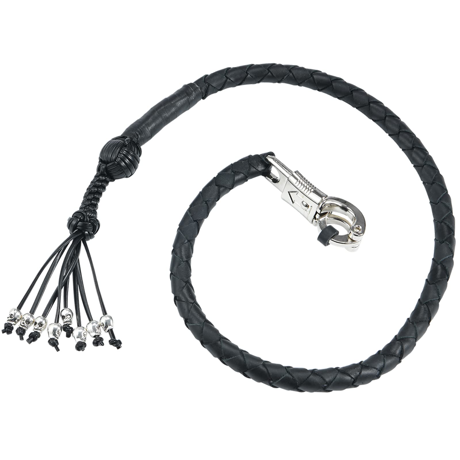 Dream Apparel 36" Motorcycle Get Back Whip Genuine Leather Biker Whip for Handlebar, Motorcycle Whip with Fringes and Skulls, Black and Orange