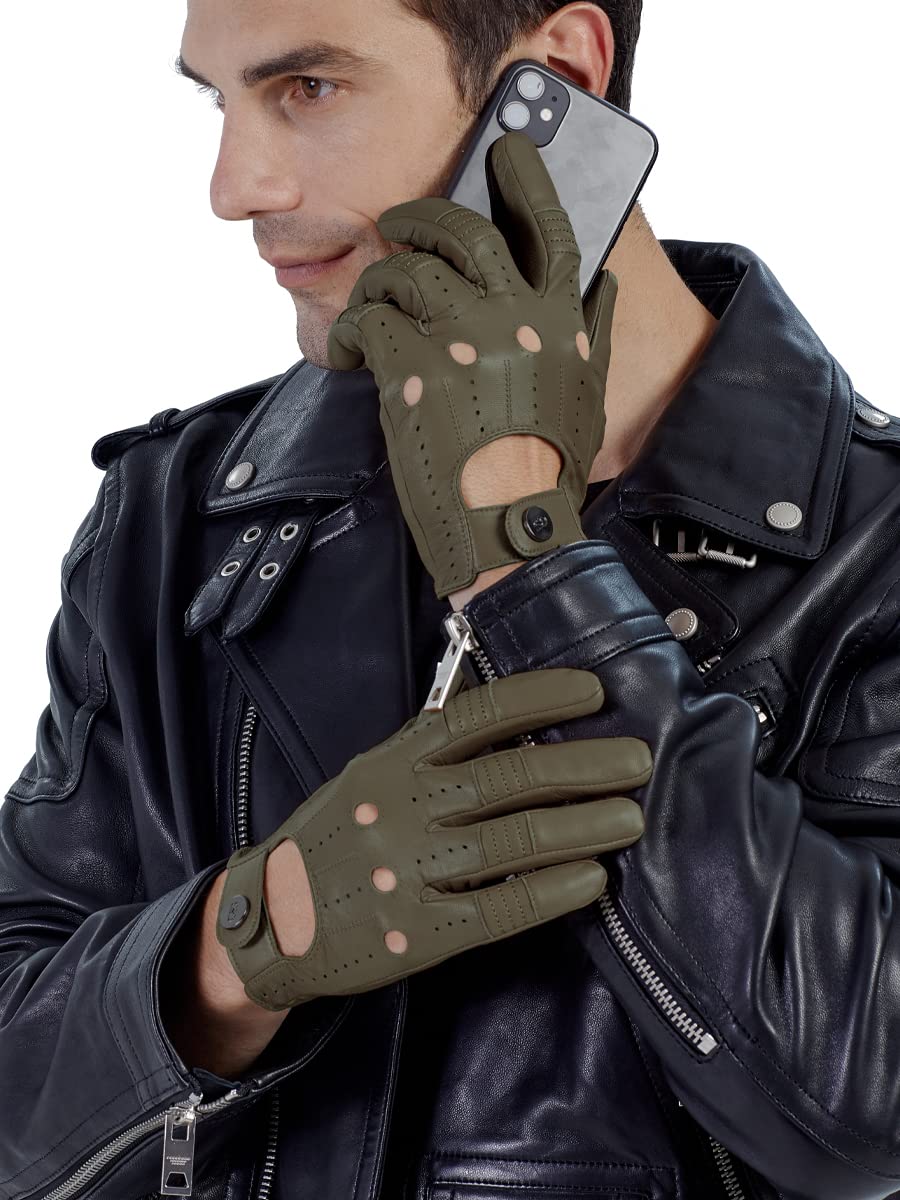 Gsg Men Genuine Leather Gloves Army Green Unlined Biking Touchscreen Driving Gloves Small,Army Green Palm Hole