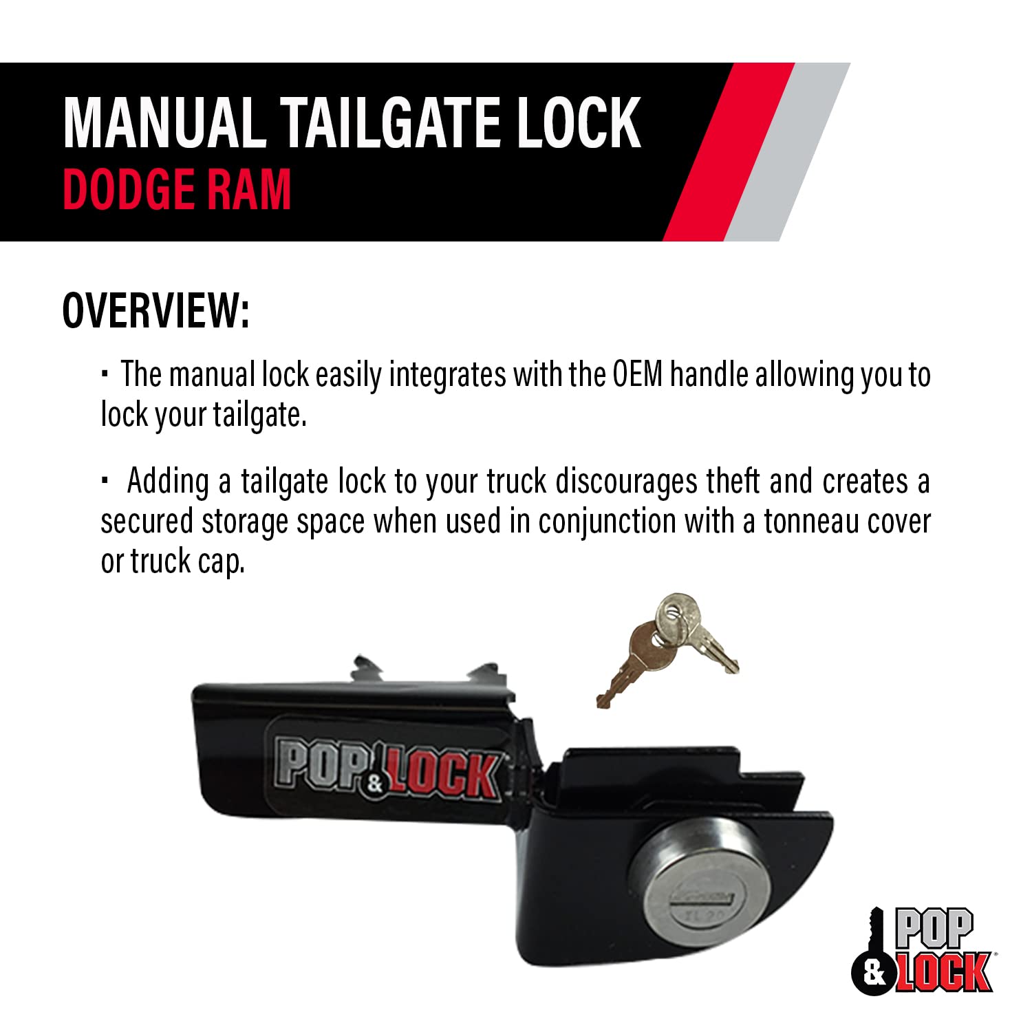 Pop & Lock - Manual Tailgate Lock For Dodge Ram 1500, 2500, And 3500, Fits 1994 To 2001 (Black, Pl3300, Works With No Factory Lo