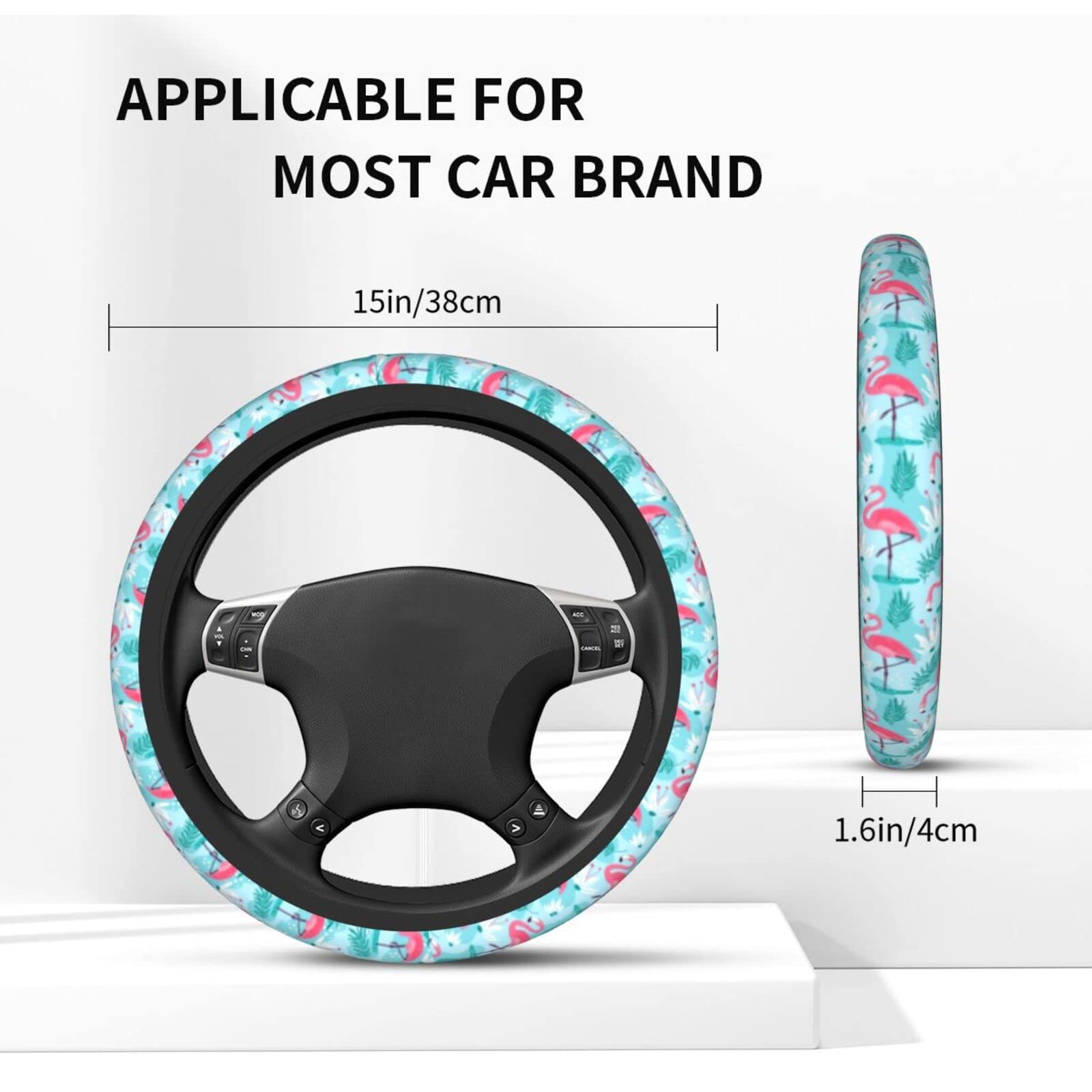 Flamingo Gifts for Women Steering Wheel Cover for Women Men with 2 Pcs Car Coasters, Universal 14.5-15 Inch Rainbow Steering Whe
