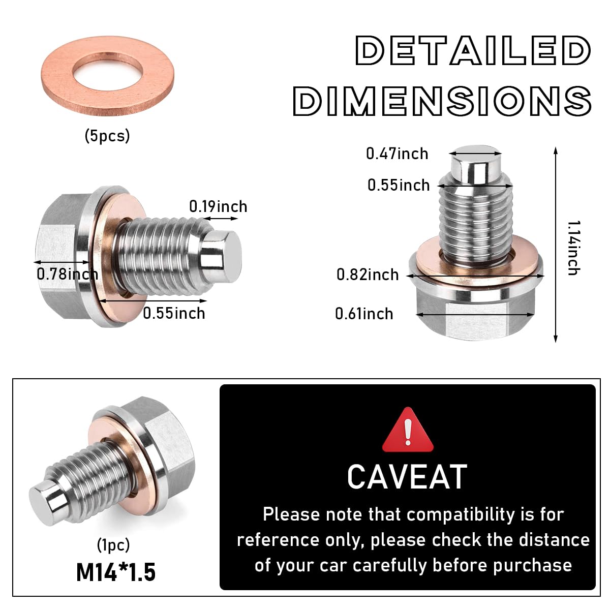 Dickno M14  1.5 Magnetic Oil Drain Plug, Aluminum Stainless Steel Sump Drain Nut Bolt with 5 Copper Crush Washer, Universal Leak