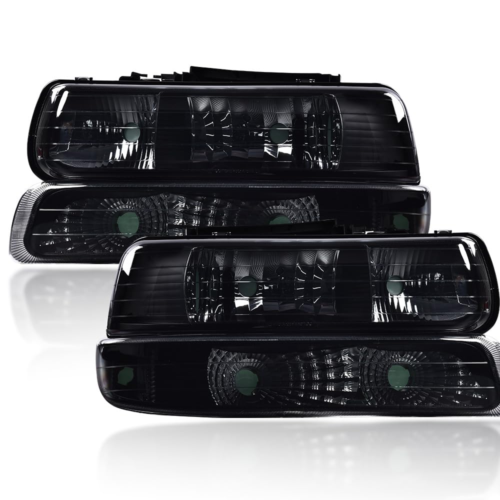 CNNELL Headlights Assembly Compatible with Chevy Silverado 1999-2002/Suburban Tahoe 2000-2006 Smoky Lens Black Housing Clear Ref
