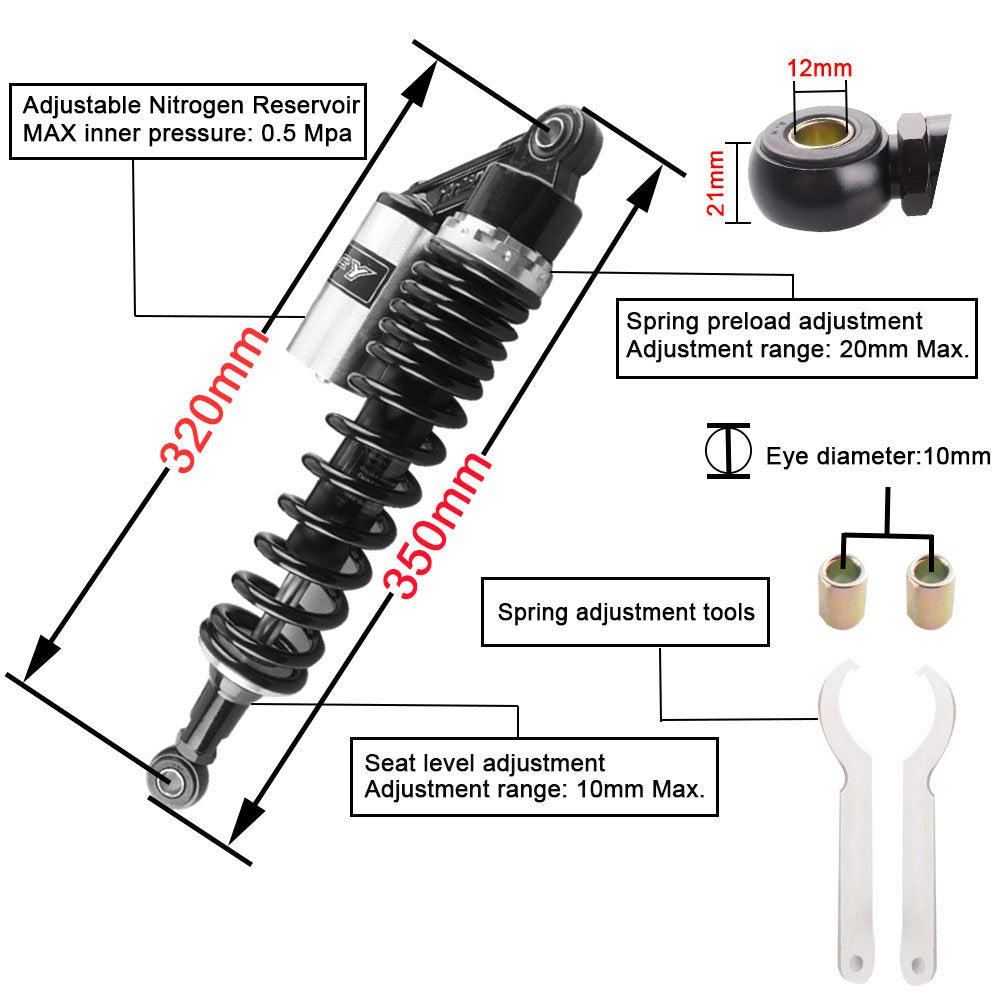 Newsmarts 2pcs 12.5'' 320mm Motorcycle Air Shock Absorbers Rear Nitrogen Suspension Universal Fit for UTV ATV Go Kart Quad Dirt