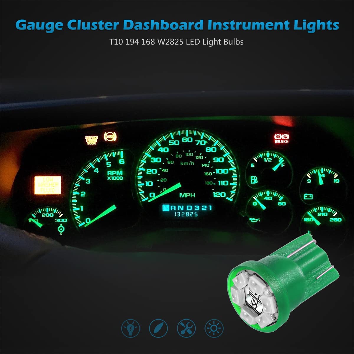 Partsam T10 194 168 Led Dash Instrument Light Bulbs Green With Twist Lock Socket, Super Bright T10 Instrument Panel Gauge Cluste