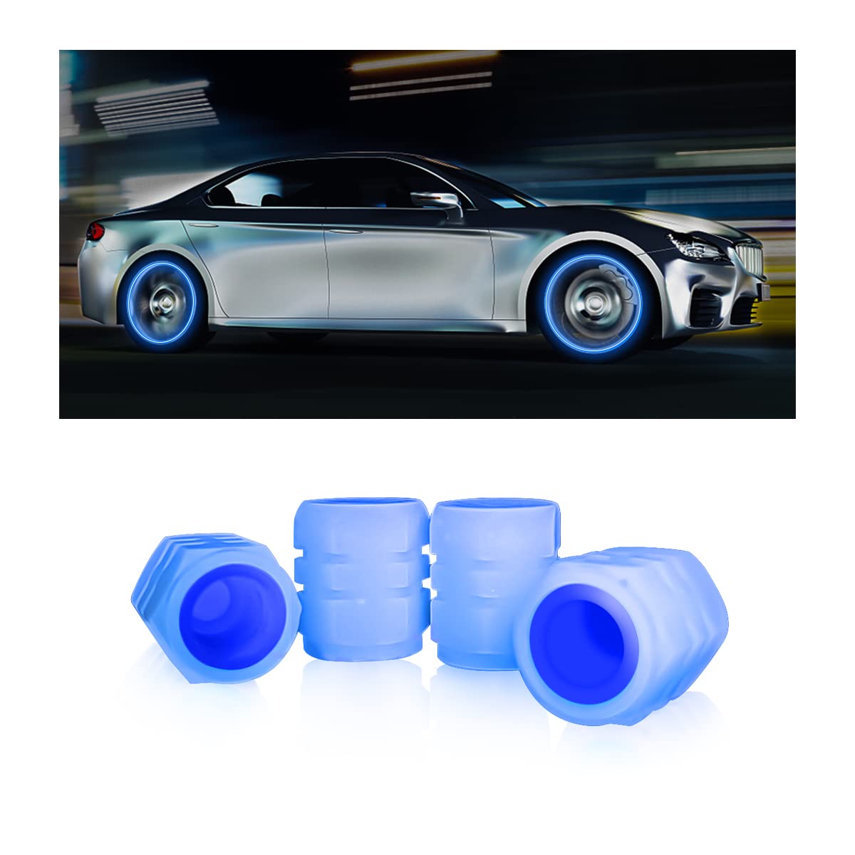 Tire Valve Stem Caps For Car, 4Pcs Noctilucous Tire Air Caps Cover, Illuminated Auto Wheel Valve Stem Cap, Car Accessories Universal For Car, Truck, Suv, Motorcycles, Bike (Blue)
