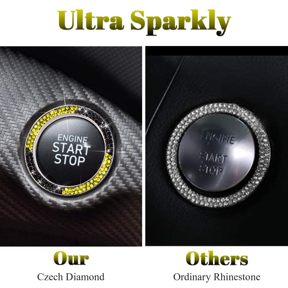 Tobequeen Bling Black Yellow Push Start Button Cover Emblem Sticker, Crystal Diamond Rhinestone Engine Start Ring Car Decor, Yel