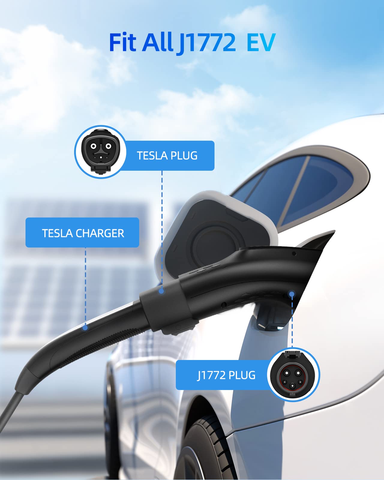 ShockFlo J1772 EV Adapter for Tesla, 48A 250V, Anti-Drop Lock, Black