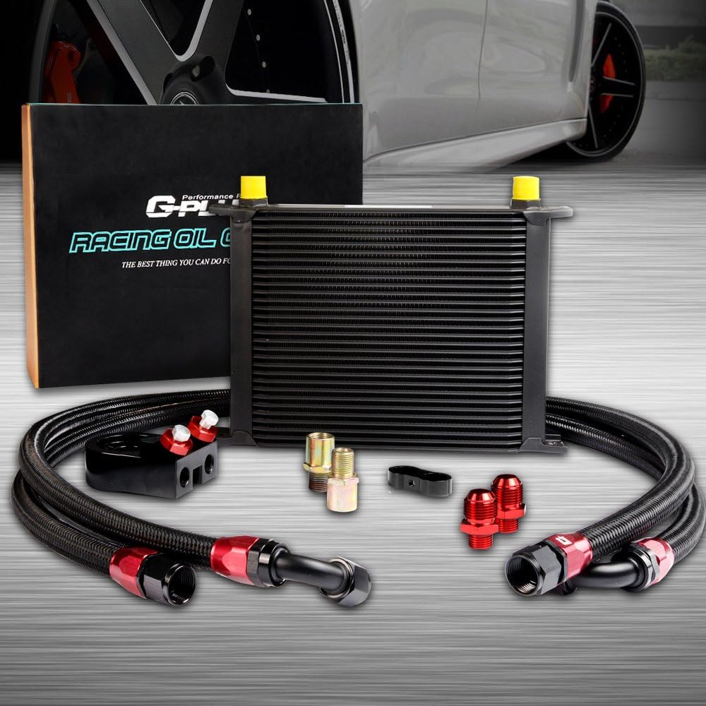 G-PLUS Black Universal 30 Row AN10-10AN Engine Transmission Oil Cooler Kit Oil Filter Adapter Kit Aluminum