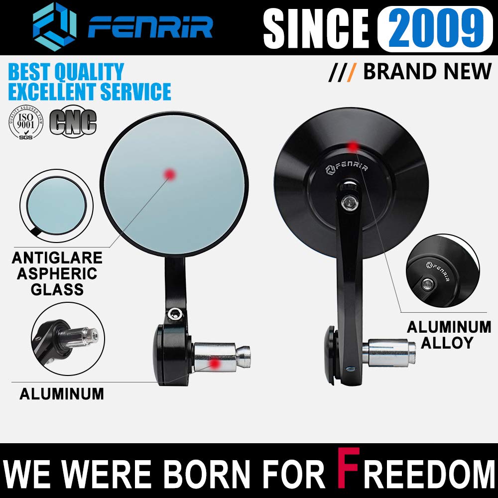 FENRIR CNC Aluminum Round Bar End Mirrors 22MM 7/8" Black - Universal Rear View for M8/M6 Sport Naked Street Bikes, Cruisers, Scooters