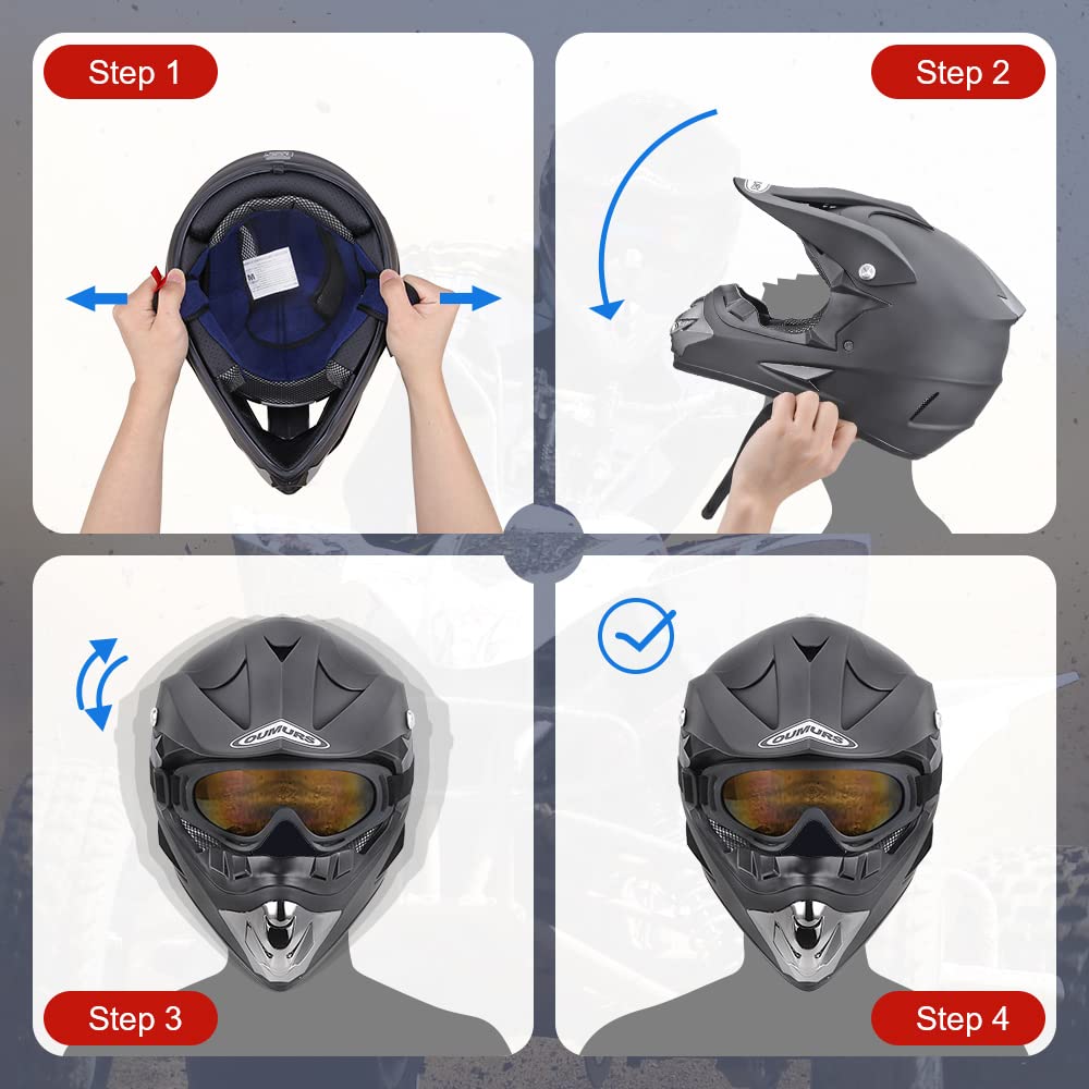Oumurs Adult Dirt Bike Helmet with Goggles, Gloves & Mask - XL, New Black, ABS, DOT Certified for Off-Road, ATV, Motocross, BMX