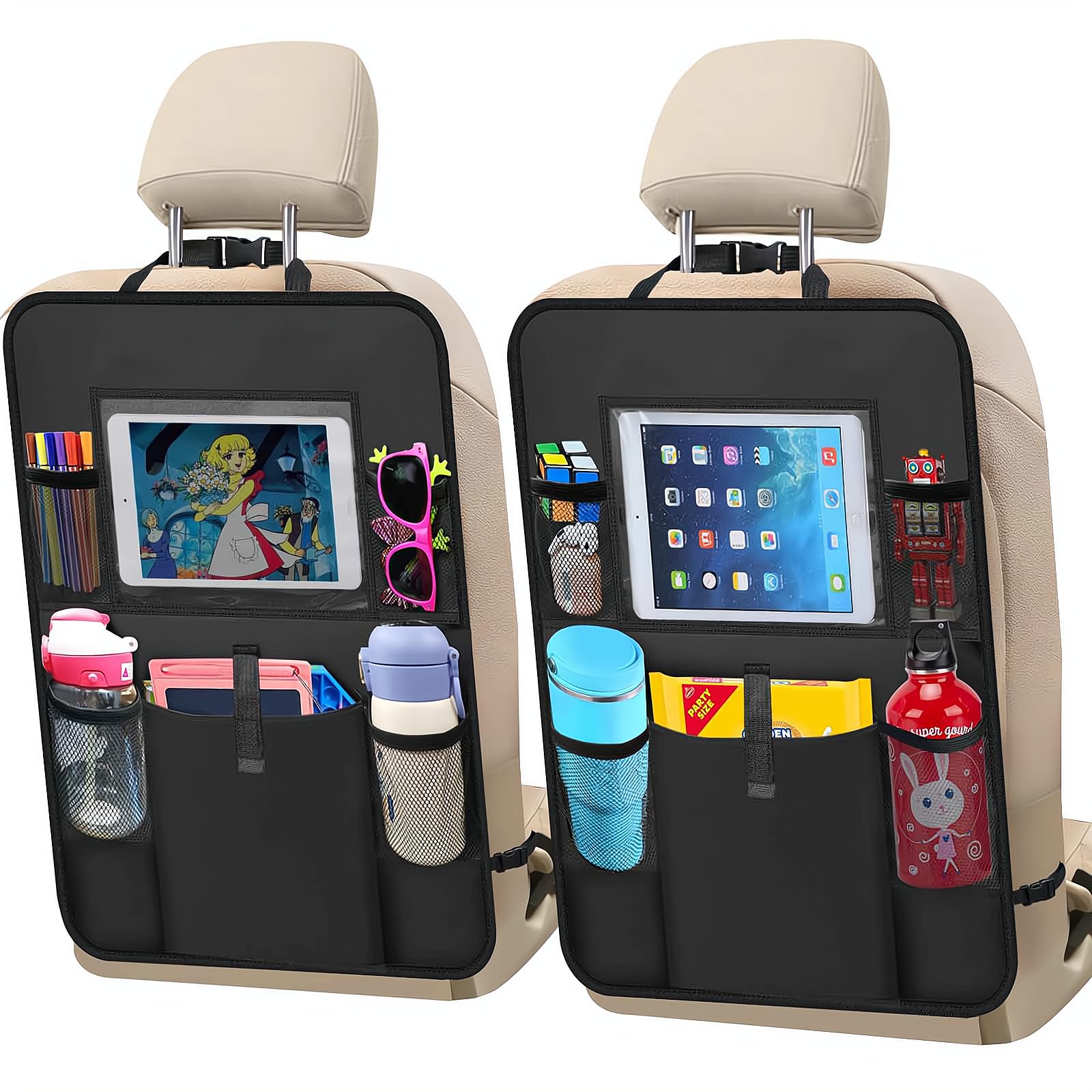 Axelect Car Backseat Organizer 2 Pack, Car Seat Back Protectors With Clear 10 Tablet Holder + 5 Storage Pockets