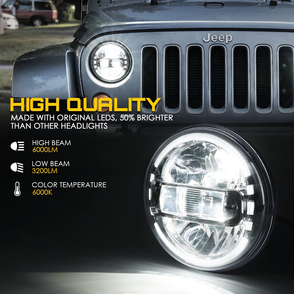 Xprite 7" LED Round Headlights for 1997-2018 Jeep Wrangler JK, Halo Ring, DOT Approved, Black, Plug & Play